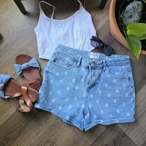 High-Rise Light Blue Denim Jean Shorts with Subtle Daisy Print